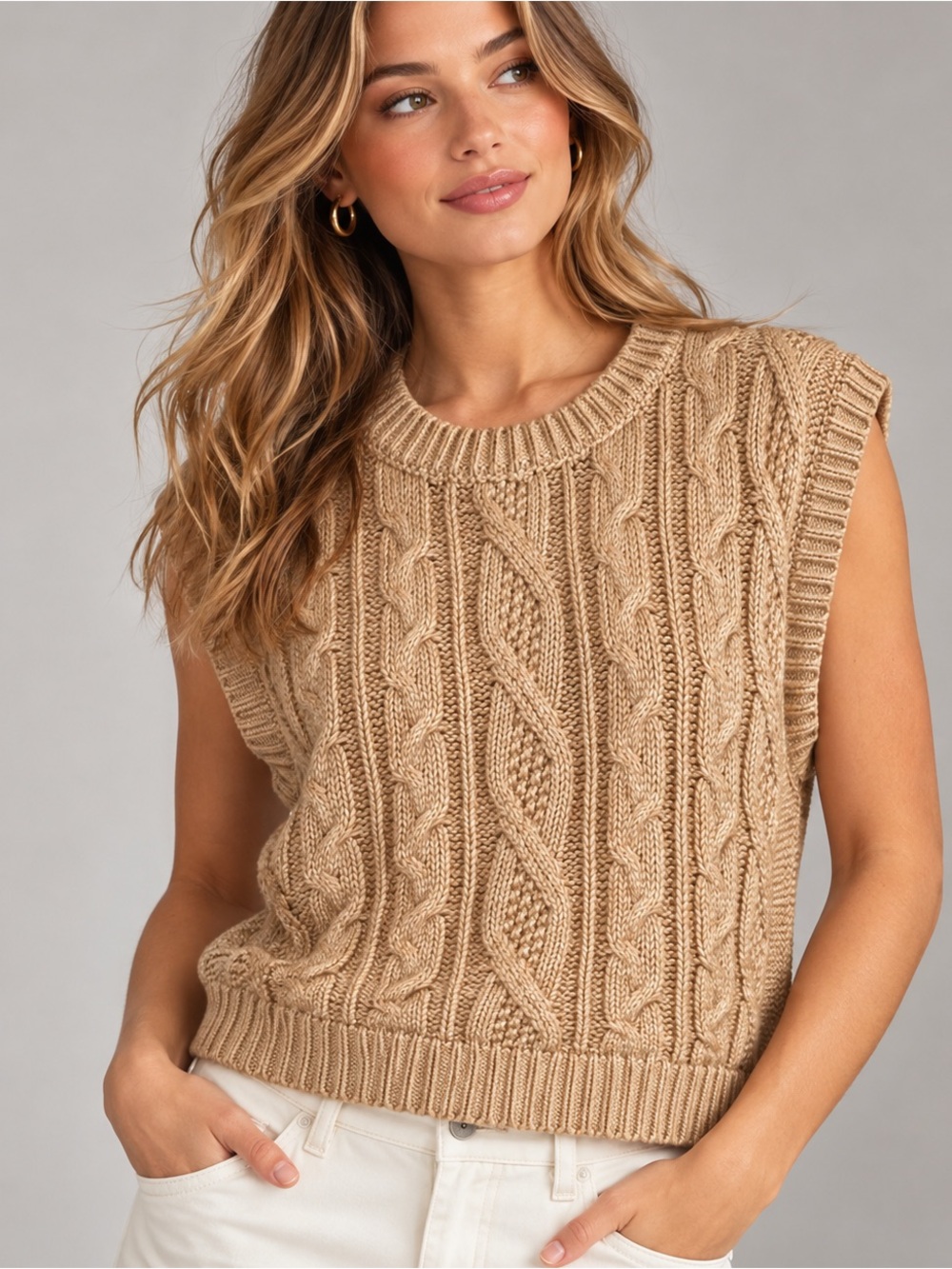 She + Sky Coastal Cable Knit Sweater Vest Tan L Quiet Luxury Preppy Y2K